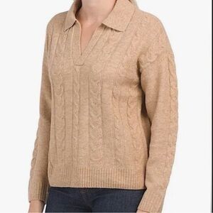 CeCe V-Neck Cable Sweater - Tan